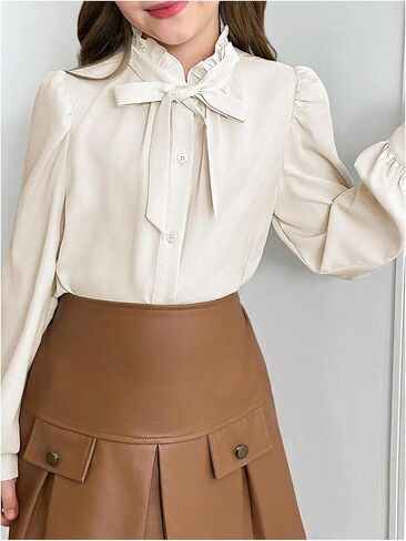 WDIRARA Girl's Contrast Mesh Bow Front Shirt Cute Mock Neck Long Flounce Sleeve Blouse Top in Kuwait