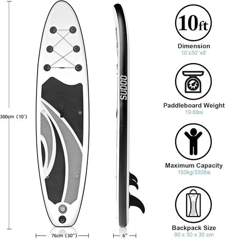 SUDOO Inflatable Stand Up Paddle Board. 10'x30 x6 Stand-Up Paddleboards. Ultra-Light SUP Board for Adult & Youth. Paddle Boards incl Paddle/Pump/Backpack/Leash/3 Fins/Non-Slip Deckpad/Repair Kit in Saudi Arabia