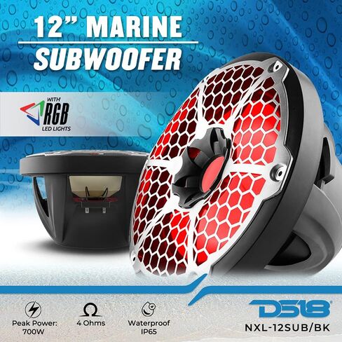 DS18 NXL-12SUB/BK Hydro 12" Marine Audio Subwoofer 700 Watts Max 350 Watts RMS 4 Ohms with Integrated RGB Lights - Weatherproof Bass for All Elements Sound Systems - IP65 Marine Grade - 1 Speaker in Saudi Arabia