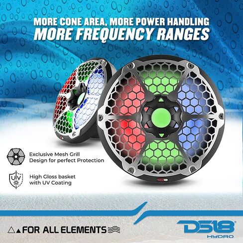 DS18 NXL-12SUB/BK Hydro 12" Marine Audio Subwoofer 700 Watts Max 350 Watts RMS 4 Ohms with Integrated RGB Lights - Weatherproof Bass for All Elements Sound Systems - IP65 Marine Grade - 1 Speaker in Saudi Arabia