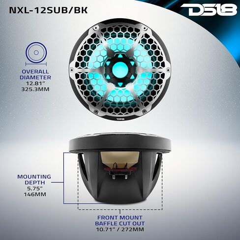 DS18 NXL-12SUB/BK Hydro 12" Marine Audio Subwoofer 700 Watts Max 350 Watts RMS 4 Ohms with Integrated RGB Lights - Weatherproof Bass for All Elements Sound Systems - IP65 Marine Grade - 1 Speaker in Saudi Arabia