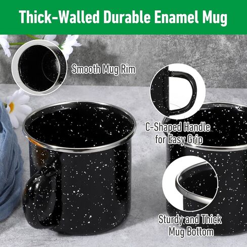 6 Pcs Enamel Mug- Outdoor Classic Camping Mugs, 12 OZ Enamel Coffee Mug - Premium Nostalgic Mugs Set - Ideal For Early Morning Coffee Or Cold Beverages (Black) in Saudi Arabia