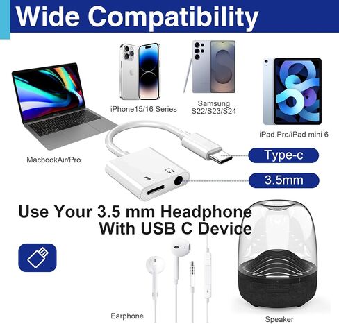 USB C to 3.5 Mm Headphone Jack Adapter for iPhone, Aux Adapter Converter Dongle Audio Cable Compatible with Ipad MacBook iPhone 16/15 Full Model and Samsung Galaxy After S8 Series in Kuwait