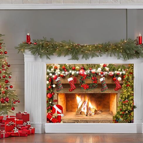 Mocsicka Fireplace Backdrop 5x3ft Merry Christmas Fireplace Family Party Decorations Picture Photo Backdrops Xmas Socks Trees Photography Background in Saudi Arabia