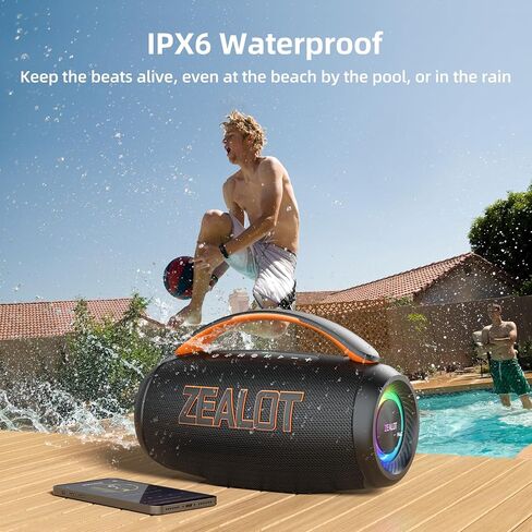 ZEALOT Portable Bluetooth Speaker, 80W Peak Waterproof Loud Booming Sound Speakers, Dual Pairing, XBass, 20H Playtime, Outdoor Speaker with Handle for Camping, Beach, Party, Backyard(Black) in Kuwait