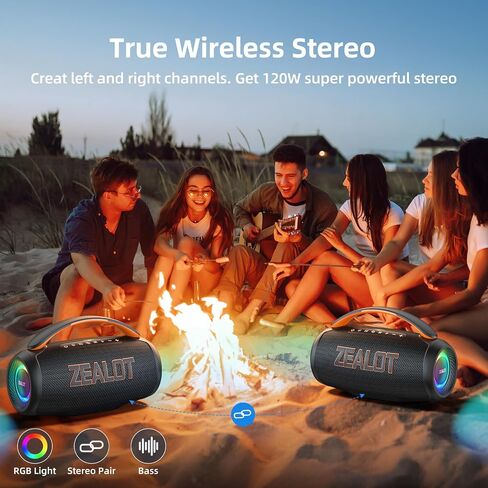 ZEALOT Portable Bluetooth Speaker, 80W Peak Waterproof Loud Booming Sound Speakers, Dual Pairing, XBass, 20H Playtime, Outdoor Speaker with Handle for Camping, Beach, Party, Backyard(Black) in Kuwait