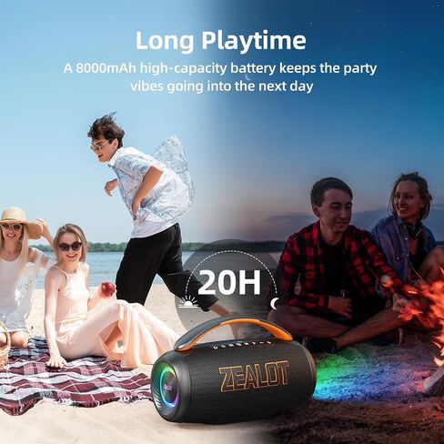 ZEALOT Portable Bluetooth Speaker, 80W Peak Waterproof Loud Booming Sound Speakers, Dual Pairing, XBass, 20H Playtime, Outdoor Speaker with Handle for Camping, Beach, Party, Backyard(Black) in Kuwait
