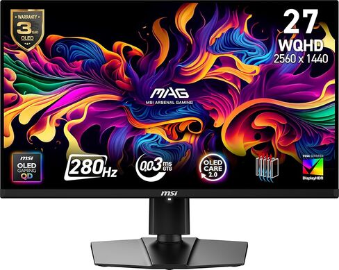 MSI MAG 271QP QD-OLED X28 27 بوصة 2560 × 1440 (QHD) شاشة ألعاب ، 280 هرتز ، المزامنة التكيفية ، جاهزة HDR ، HDMI ، منفذ VGA ، VESA قابل للترك in Kuwait