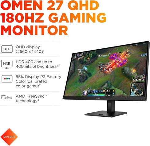 HP OMEN 27 inch QHD 180Hz Gaming Monitor, Quad HD Display (2560 x 1440), IPS Panel Technology, HDR 400, 1ms GtG (with Overdrive), AMD FreeSync Technology, Black, OMEN 27q G2 (2025) in Saudi Arabia