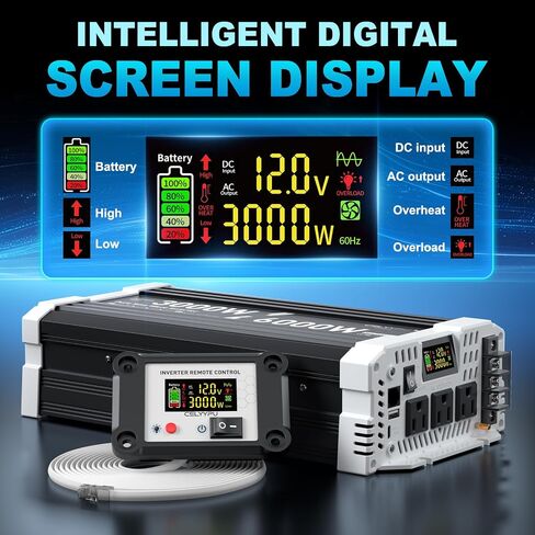 3000 watt Pure sine Wave Inverter, 12V DC to 110V AC Power Inverter, Used for Solar Emergency Power Supply in RV Homes, with 3 AC Output sockets, USB Port, Type-C Port, Remote Control with LCD Screen in Saudi Arabia