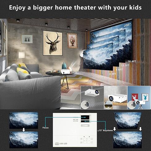 4K Projector 15000 Lumens Portable Video Projector ، 200 "شاشة Full HD 1080p Mini Movie Projector ، متوافق مع HDMI USB Smarthes Stick Stick Stick for Outdoor/Home Profection in Saudi Arabia