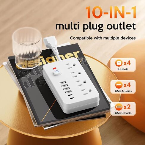 String Protector Power Strip - سلك Extension Shortway مع 4 منافذ التيار المتردد ، 6 منافذ USB (2 USB C) وحماية الحمل الزائد ، موسع سلك قصير مضغوط ومحمولة للسفر المكتبي المنزلي in Saudi Arabia