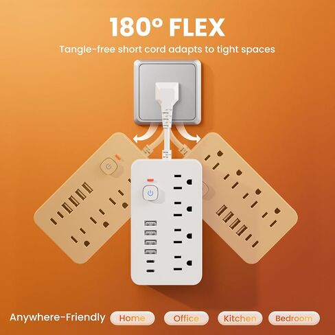 String Protector Power Strip - سلك Extension Shortway مع 4 منافذ التيار المتردد ، 6 منافذ USB (2 USB C) وحماية الحمل الزائد ، موسع سلك قصير مضغوط ومحمولة للسفر المكتبي المنزلي in Saudi Arabia