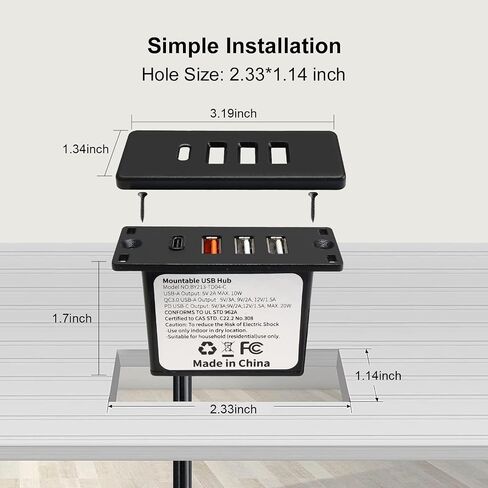 مدعوم من USB C Hub Socket Rescound USB C Strip Strip مع شحن سريع 4 منافذ USB مثبتة على أريكة طاولة مكتب السرير (أسود) in Kuwait