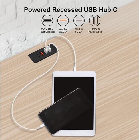 مدعوم من USB C Hub Socket Rescound USB C Strip Strip مع شحن سريع 4 منافذ USB مثبتة على أريكة طاولة مكتب السرير (أسود) in Kuwait