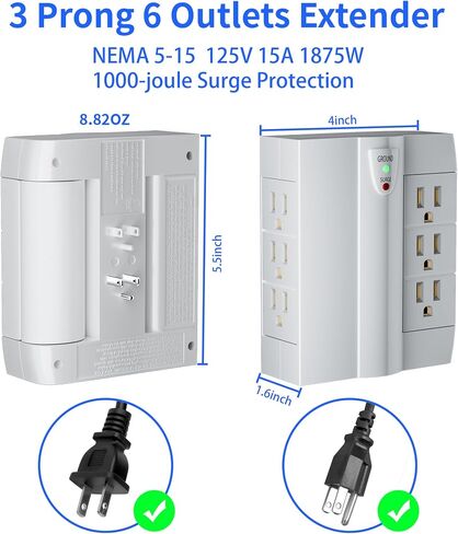Elecan 6 Outlet Extender Surge Protector ، Side Access Divel Power Flitter ، 3 محول TAP الجدار متعدد المخرجات قابل للدوار ، ملاءمة ضيقة ، قابس دافئ مسطح من 3-PRONG ، 1000J/125V ، ETL-WHITE in Saudi Arabia