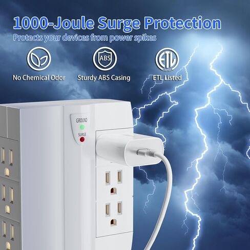 Elecan 6 Outlet Extender Surge Protector ، Side Access Divel Power Flitter ، 3 محول TAP الجدار متعدد المخرجات قابل للدوار ، ملاءمة ضيقة ، قابس دافئ مسطح من 3-PRONG ، 1000J/125V ، ETL-WHITE in Saudi Arabia