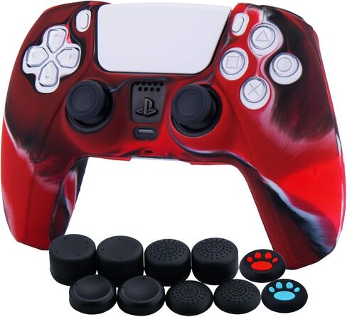 علبة الجلد تغطية السيليكون لوحدة التحكم PS5 x 1 (Red Camouflage) مع قبضة الإبهام × 10 in Saudi Arabia