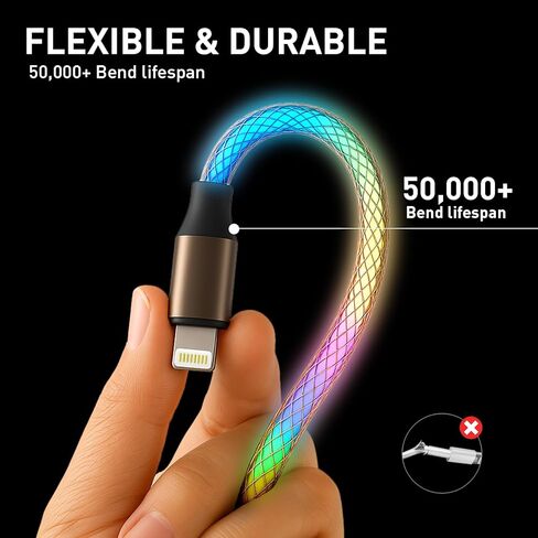 Light up iPhone Charger Cord, Color Changing LED Lightning Cables | Apple MFi Certified | USB Fast Charging Cord for Apple iPhone 13 12 11 Pro Max XR XS X/iPad iPod Touch More (Multicolored, 3FT) in Kuwait