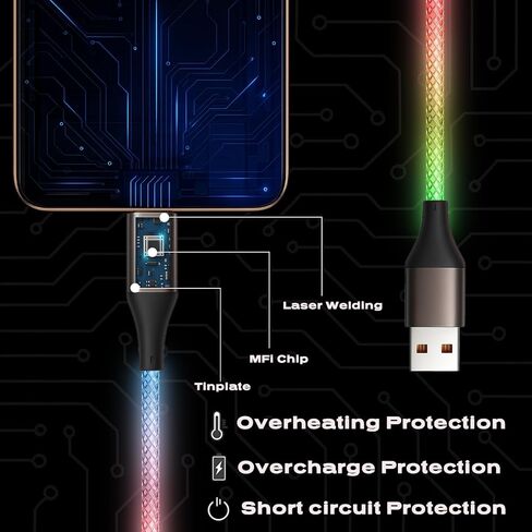 Light up iPhone Charger Cord, Color Changing LED Lightning Cables | Apple MFi Certified | USB Fast Charging Cord for Apple iPhone 13 12 11 Pro Max XR XS X/iPad iPod Touch More (Multicolored, 3FT) in Kuwait