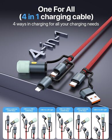 SOOPII 100W 4ft 4ft Multi USB C شحن كابل ، 4 في 1 C/A إلى C/IP كابل الشاحن السريع ، PD 5A نايلون سلك شحن متعددة للهواتف والأجهزة اللوحية وأجهزة الكمبيوتر المحمولة والمزيد (أسود) in Kuwait