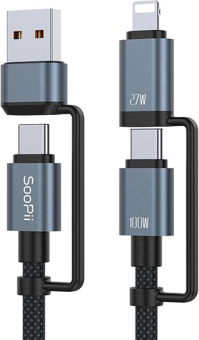 SOOPII 100W 4ft 4ft Multi USB C شحن كابل ، 4 في 1 C/A إلى C/IP كابل الشاحن السريع ، PD 5A نايلون سلك شحن متعددة للهواتف والأجهزة اللوحية وأجهزة الكمبيوتر المحمولة والمزيد (أسود) in Kuwait