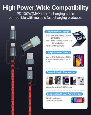 SOOPII 100W 4ft 4ft Multi USB C شحن كابل ، 4 في 1 C/A إلى C/IP كابل الشاحن السريع ، PD 5A نايلون سلك شحن متعددة للهواتف والأجهزة اللوحية وأجهزة الكمبيوتر المحمولة والمزيد (أسود) in Kuwait