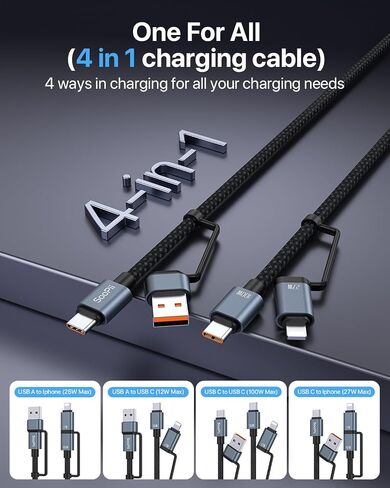 SOOPII 100W 4ft 4ft Multi USB C شحن كابل ، 4 في 1 C/A إلى C/IP كابل الشاحن السريع ، PD 5A نايلون سلك شحن متعددة للهواتف والأجهزة اللوحية وأجهزة الكمبيوتر المحمولة والمزيد (أسود) in Kuwait