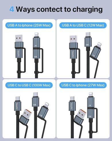 SOOPII 100W 4ft 4ft Multi USB C شحن كابل ، 4 في 1 C/A إلى C/IP كابل الشاحن السريع ، PD 5A نايلون سلك شحن متعددة للهواتف والأجهزة اللوحية وأجهزة الكمبيوتر المحمولة والمزيد (أسود) in Kuwait