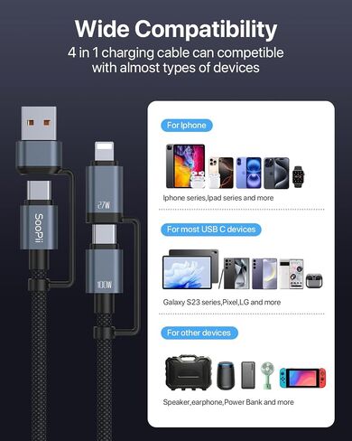 SOOPII 100W 4ft 4ft Multi USB C شحن كابل ، 4 في 1 C/A إلى C/IP كابل الشاحن السريع ، PD 5A نايلون سلك شحن متعددة للهواتف والأجهزة اللوحية وأجهزة الكمبيوتر المحمولة والمزيد (أسود) in Kuwait