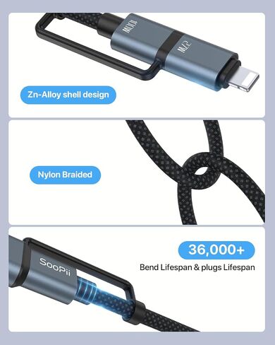 SOOPII 100W 4ft 4ft Multi USB C شحن كابل ، 4 في 1 C/A إلى C/IP كابل الشاحن السريع ، PD 5A نايلون سلك شحن متعددة للهواتف والأجهزة اللوحية وأجهزة الكمبيوتر المحمولة والمزيد (أسود) in Kuwait