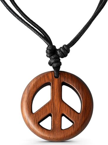 Earth Accessories Adjustable Peace Sign Pendant Necklace with Organic Wood - Hippie Accessories and Hippie Costume for 60s or 70s in Kuwait