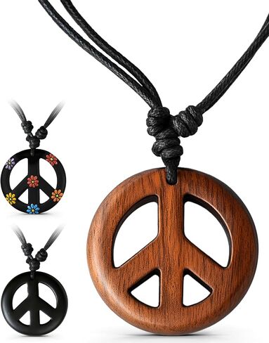 Earth Accessories Adjustable Peace Sign Pendant Necklace with Organic Wood - Hippie Accessories and Hippie Costume for 60s or 70s in Kuwait