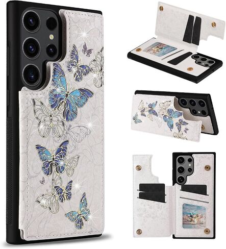 UEEBAI Wallet Case for Samsung Galaxy S25 Ultra 5G with Card Holders, PU Leather Cover Kickstand RFID Blocking Double Magnetic Clasp Rilievo Flower Flip Case for Women Girls - Blue Butterfly in Saudi Arabia