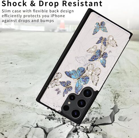 UEEBAI Wallet Case for Samsung Galaxy S25 Ultra 5G with Card Holders, PU Leather Cover Kickstand RFID Blocking Double Magnetic Clasp Rilievo Flower Flip Case for Women Girls - Blue Butterfly in Saudi Arabia