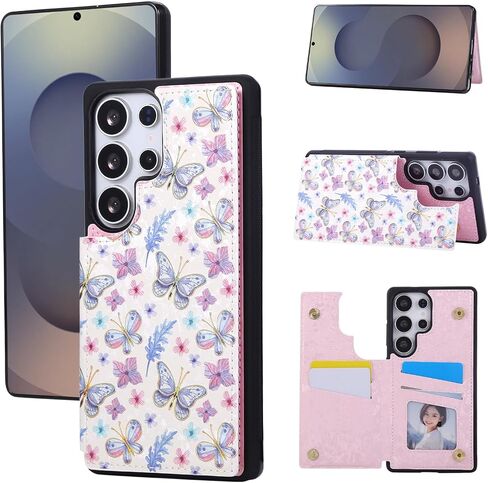 UEEBAI Wallet Case for Samsung Galaxy S25 Ultra 5G with Card Holders, PU Leather Cover Kickstand RFID Blocking Double Magnetic Clasp Rilievo Flower Flip Case for Women Girls - Blue Butterfly in Saudi Arabia