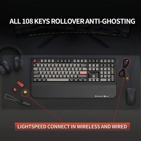 Hexgears X5 Mechanical Gaming Keyboard 108 Keys, Kailh Box Rose Red Switch Wired/Wireless 2.4G Dual Mode with White LED Backlit and Ergonomic Wrist Rest in Kuwait