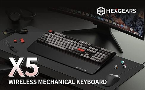 Hexgears X5 Mechanical Gaming Keyboard 108 Keys, Kailh Box Rose Red Switch Wired/Wireless 2.4G Dual Mode with White LED Backlit and Ergonomic Wrist Rest in Kuwait