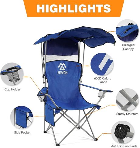 Camping Chair, Oversized Folding Chair with Canopy, Portable Outdoor Chair with Arms, Cup Holder and Carry Bag for Camping, Fishing, Beach, and Sports, Graphite in Kuwait