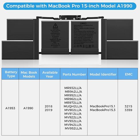 A1953 A1990 استبدال بطارية الكمبيوتر المحمول لـ MacBook Pro 15 بوصة A1990 (منتصف 2018 2019) (EMC 3215 3359) معرف MacBookpro15،1 MacBookpro15،3 7336mah 83.6wh in Saudi Arabia