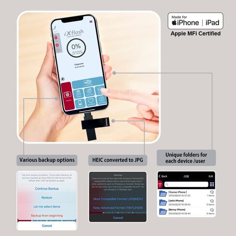 PioData iXflash 128GB iPhone iPad Flash Pen Drive USB 3.1 Apple MFi Certified Lightning Connector External Storage Memory Expansion for iOS Devices/Windows/Mac IXF-128-SG in Kuwait