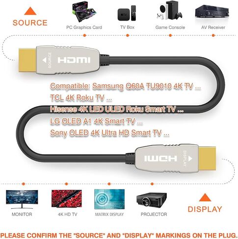4K HDMI 2.0b Fiber Optic Cable, 4K@60Hz, HDR ARC, Ultra Slim 25FT | Fiber Optic Technology Reduces Interference Compared with Copper Cables for Reliable 4K Gaming and Home Theater in Saudi Arabia