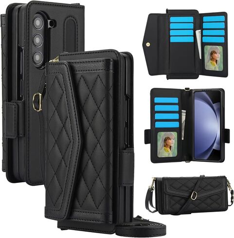 بالنسبة إلى Samsung Galaxy Z Fold 7 Wallet Case - نمط خياطة RFID حامل بطاقة حظر ، S Pen Slot Crossbody ، غطاء كامل للحماية من الجسم للنساء الأسود in Kuwait