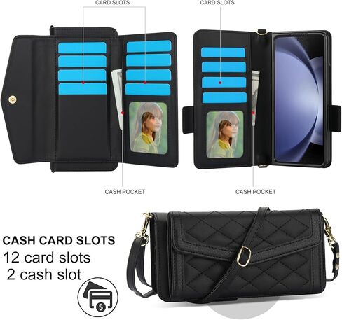 بالنسبة إلى Samsung Galaxy Z Fold 7 Wallet Case - نمط خياطة RFID حامل بطاقة حظر ، S Pen Slot Crossbody ، غطاء كامل للحماية من الجسم للنساء الأسود in Kuwait