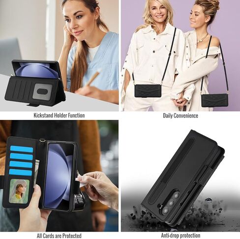 بالنسبة إلى Samsung Galaxy Z Fold 7 Wallet Case - نمط خياطة RFID حامل بطاقة حظر ، S Pen Slot Crossbody ، غطاء كامل للحماية من الجسم للنساء الأسود in Kuwait