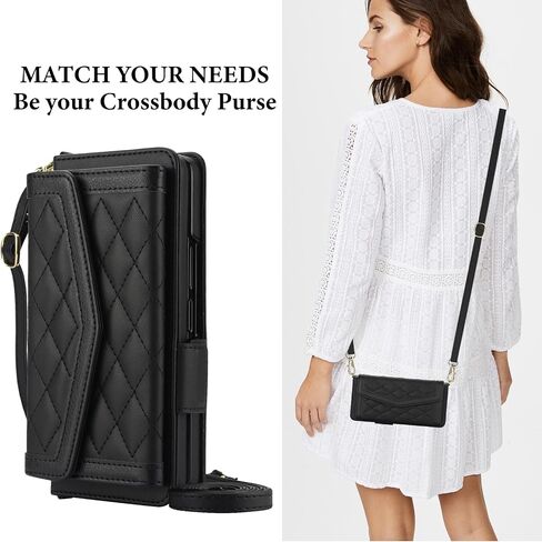 بالنسبة إلى Samsung Galaxy Z Fold 7 Wallet Case - نمط خياطة RFID حامل بطاقة حظر ، S Pen Slot Crossbody ، غطاء كامل للحماية من الجسم للنساء الأسود in Kuwait
