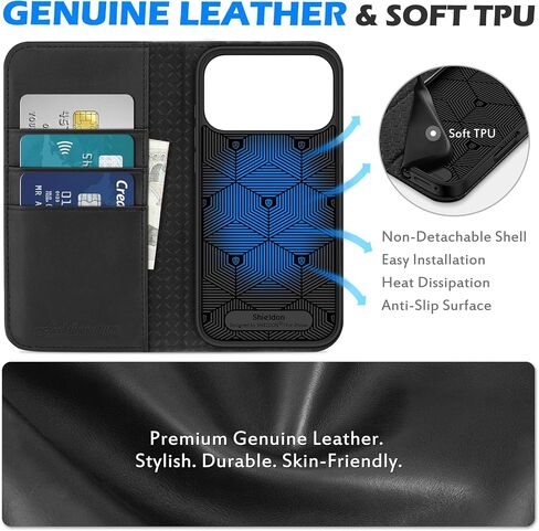SHIELDON Genuine Leather Wallet Case Compatible with iPhone 17 Pro Max 6.9-inch 5G 2025 | RFID Blocking Credit Card Holder | Flip Magnetic Cover | Kickstand | Shockproof Inner Phone Shell | Black in Kuwait