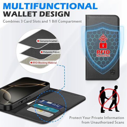 SHIELDON Genuine Leather Wallet Case Compatible with iPhone 17 Pro Max 6.9-inch 5G 2025 | RFID Blocking Credit Card Holder | Flip Magnetic Cover | Kickstand | Shockproof Inner Phone Shell | Black in Kuwait