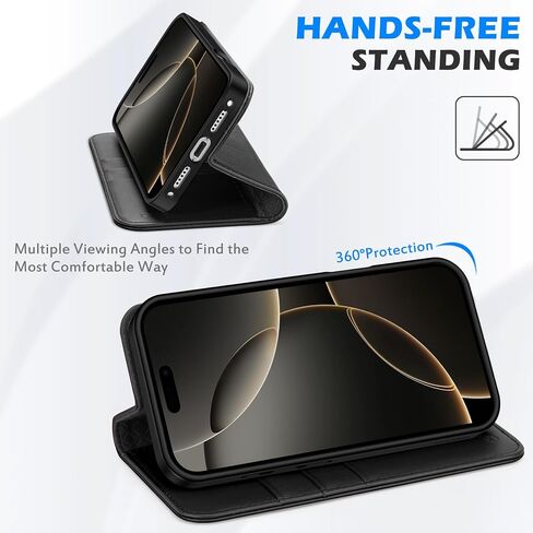 SHIELDON Genuine Leather Wallet Case Compatible with iPhone 17 Pro Max 6.9-inch 5G 2025 | RFID Blocking Credit Card Holder | Flip Magnetic Cover | Kickstand | Shockproof Inner Phone Shell | Black in Kuwait