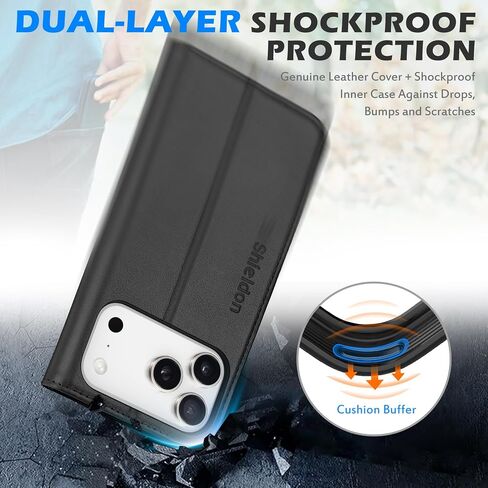 SHIELDON Genuine Leather Wallet Case Compatible with iPhone 17 Pro Max 6.9-inch 5G 2025 | RFID Blocking Credit Card Holder | Flip Magnetic Cover | Kickstand | Shockproof Inner Phone Shell | Black in Kuwait